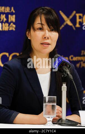 Kaori Kohga head of the Nightlife Business Association speaks during a news conference at The Foreign Correspondents' Club of Japan (FCCJ) on July 20, 2020, Tokyo, Japan. Kohga, who is representing hostess workers and clubs across Japan, came to the Club alongside Dr. Shinya Iwamuro to talk about the challenges of nightlife workers amid coronavirus pandemic, in which recent infection cases have been rises among people in their 20s and 30s. Credit: Rodrigo Reyes Marin/AFLO/Alamy Live News Stock Photo