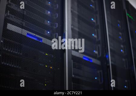 Telecommunication Provider Rack in the data center. Stock Photo