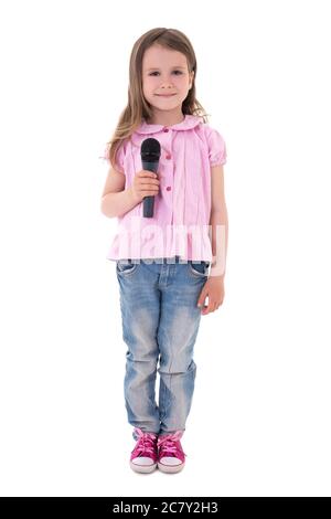 cute little girl with microphone isolated on white background Stock Photo