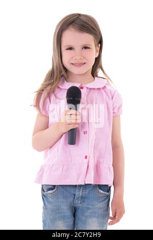 music concept - cute little girl with microphone isolated on white background Stock Photo