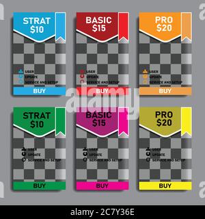 Set of vector tables of prices of multicolored with ribbons for the website and business. background for photo layout. Design template vector Stock Vector