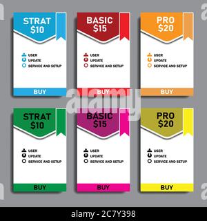 Set of vector tables of prices of multicolored with ribbons for the website and business. Design template vector Stock Vector