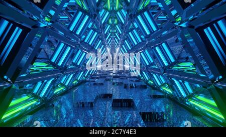 Closeup shot of colorful neon lights forming triangular shapes in perspective Stock Photo