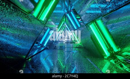 Closeup shot of colorful neon lights forming triangular shapes in perspective Stock Photo