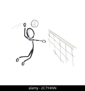 Playing volleyball. Vector simple team sports. Beach volleyball jump. Stickman no face clipart cartoon. Hand drawn. Doodle sketch, graphic Stock Vector