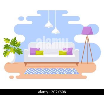 Living room interior. Modern banner. Vector design of a cozy room with sofa, floor lamp, and decor accessories. Home furnishings. Flat illustration. Stock Vector