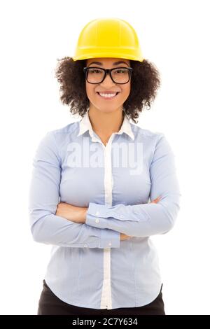 beautiful african american business woman in builder helmet isolated on white background Stock Photo