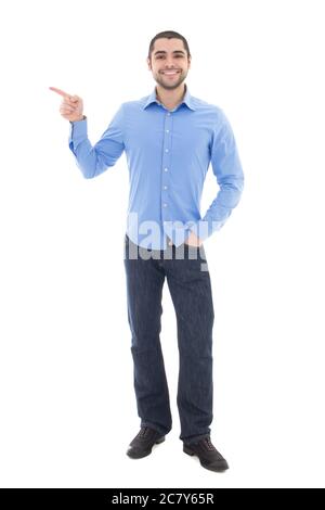 young arabic business man in blue shirt showing on something isolated on white background Stock Photo