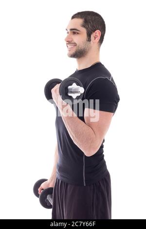 man in sportswear doing exercises with dumbbells isolated on white background Stock Photo