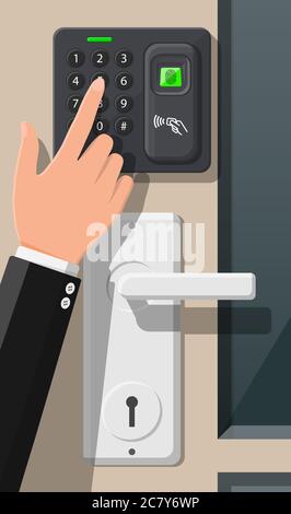 Password and fingerprint security device at office or home door. Access control machine or time the attendance. Proximity card reader. Vector illustration in flat style Stock Vector