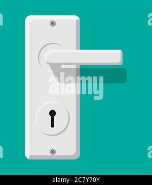 Door handle and lock. Chrome doorknob isolated on green. Flat style vector Stock Vector