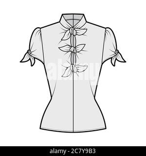 Knotted cutout blouse technical fashion illustration with high neckline, puffed volume sleeves, back zip fastening. Flat apparel template front, grey color. Women men unisex garment CAD mockup Stock Vector