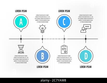 Infographics circles with 4 steps, icons. Flatl ine vector template. Can be used for four business, web, banner, workflow layout, flowchart, info Stock Vector