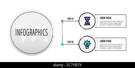 Infographics circles with 2 steps, icons. Flat line vector template. Can be used for two diagrams, business, web, banner, workflow layout, presentatio Stock Vector