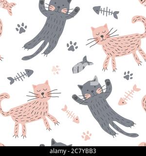 Childish seamless pattern with cute cats. Creative texture for fabric and textile Stock Vector