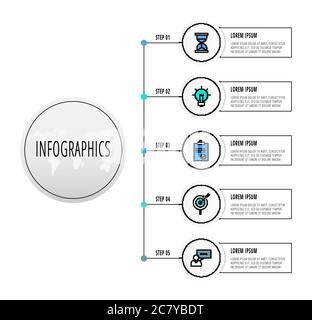 Infographics circles with 5 steps, labels. Flat line vector template. Can be used for five diagrams, business, web, banner, presentations, flowchart Stock Vector