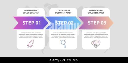Vector infographics arrows with 3 successive steps, labels. Three colorful rectangular elements. Can be used for diagram, web, banner, workflow Stock Vector