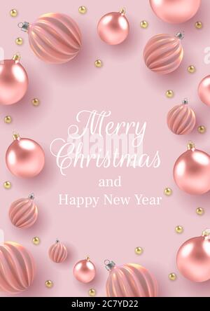 Christmas background with Christmas balls of pearl, a spiral balls on a pink vertical background. Vector Stock Vector