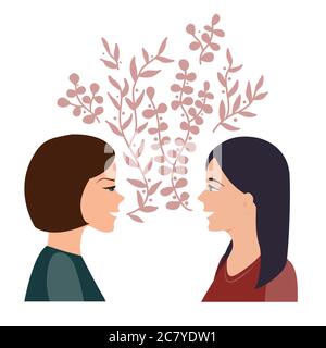 Girls talk and communication concept. Happy women talking and smiling to each other. Two girl friends chatting together. Vector illustration Stock Vector