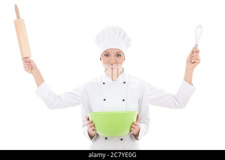 cooking concept - woman in chef uniform with four hands holding rolling pin, whisk and bowl isolated on white background Stock Photo
