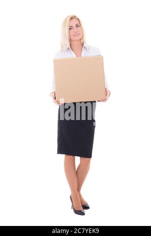 young blond business woman holding cardboard box isolated on white background Stock Photo