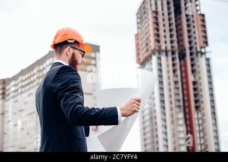 Architect concept, Architects working with blueprints in the office Stock Photo