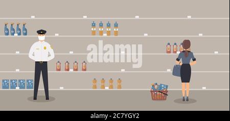Household chemicals store is open during epidemic of virus. Security guard in protective medical mask and customer selects products for disinfection Stock Vector