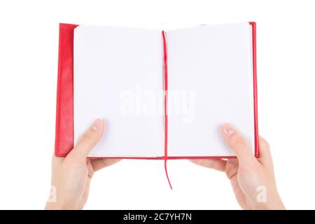 blank notebook in female hands isolated on white background Stock Photo