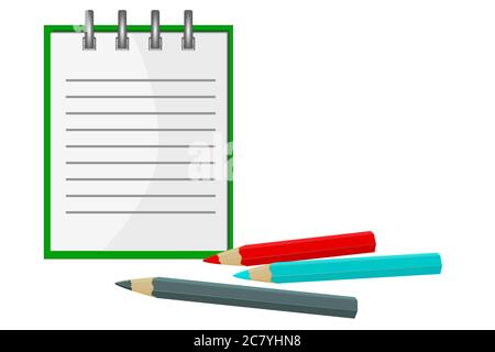 Notebook with pencil isolated on white background. Notepad with metal spiral and colorful pencils. Empty blank notebook, paper.Copy space.Stock vector Stock Vector