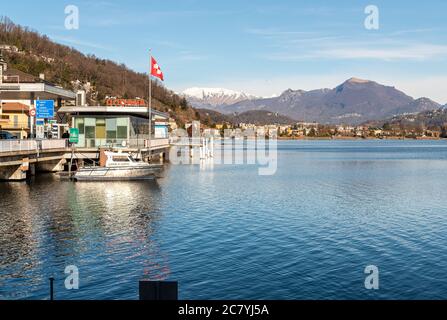 Lavena Ponte Tresa, Italy - January 31, 2020: Border Checkpoint between Italy and Switzerland on lake Lugano in Lavena Ponte Tresa, Italy Stock Photo
