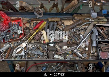 Zrenjanin, Serbia, November 10, 2015. Market sale of everything and everything old. A counter on which various old things are exhibited. Flea market. Stock Photo