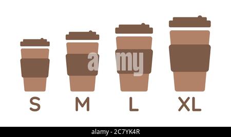Coffee cup sizes set S M L XL. Different size - small, medium, large and extra large. Isolated illustration Stock Vector