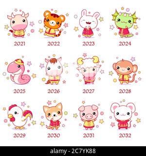 Set of chinese new year sign characters in kawaii style. Cute animal in traditional chinese clothes. Sheep, rabbit, bull, dog, rabbit, tiger, horse, m Stock Vector
