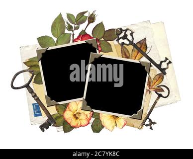 Two vintage photo, retro keys, dry rose flowers, old paper and envelopes. Isolated on white background. Mock up template. Copy space for your text Stock Photo