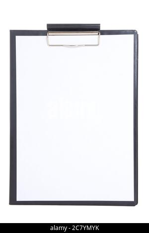 black plastic clipboard with blank paper sheet isolated on white background Stock Photo