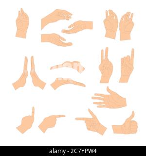 Various gestures of human hands isolated on a white background. Vector flat illustration of female hands in different situations. Vector design Stock Vector