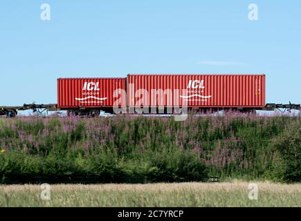 ICL Group shipping container on a freightliner train, side view ...