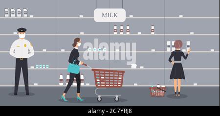 Grocery store is open during epidemic of virus. Security guard in protective medical mask and customer selects milk and other products Stock Vector