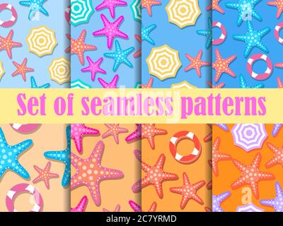 Beach seamless pattern set, top view. Beach umbrella and colorful starfish. For promotional products, wrapping paper and printing. Vector illustration Stock Vector