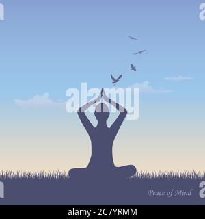 meditating person on summer meadow at sunshine vector illustration EPS10 Stock Vector