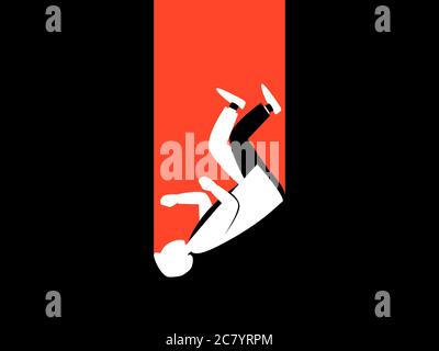 Falling man flat with long shadow. Male white silhouette on black background. Retro style, noir. Vector illustration Stock Vector