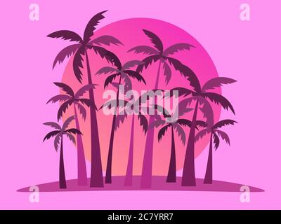 Tropical landscape with palm trees on a background of sea sunset.  80s Retro style. Background for advertising, poster and banner. Vector illustration Stock Vector