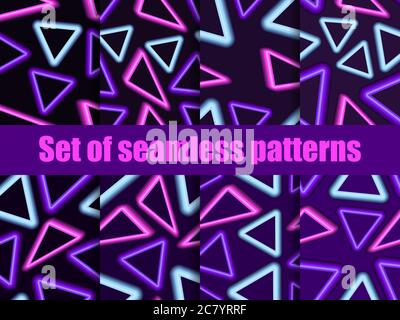 Neon triangles seamless patterns set. 80s retro sci-fi background. Futuristic, cyberpunk background. Linear light rays. Vector illustration Stock Vector