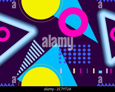 Geometric seamless pattern with neon glow effect. Background in the style of the 80s for promotional products, wrapping paper and printing. Vector ill Stock Vector