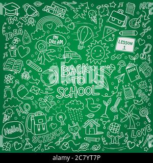 school doodle icons. hand drawn education sign and stationery supply symbols Stock Vector