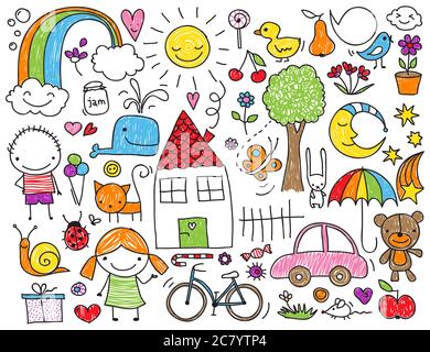 Collection of cute children's drawings of kids, animals, nature, objects Stock Photo