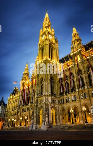 The Wiener Rathaus (Vienna City Hall, Austria) at night Stock Photo