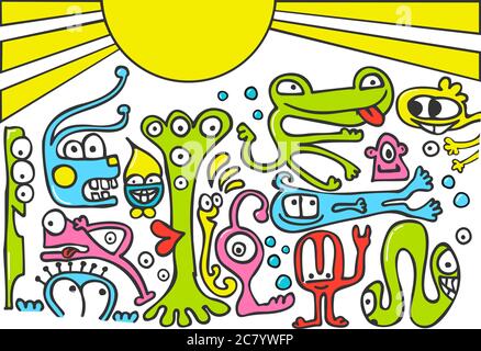 Colorful doodle of funny creatures. Stock Photo
