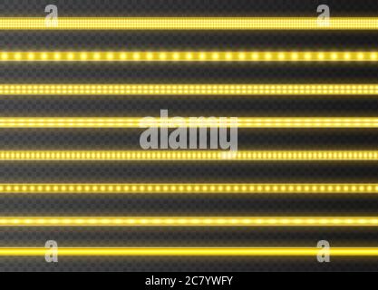 Yellow LED strips collection, bright luminous ribbons isolated on a transparent background. Realistic neon garlands. Stock Vector