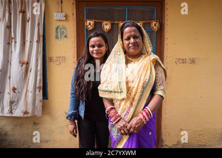 Agra / India - February 13, 2020: family portrait of Indian family in small village in front of house Stock Photo